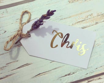 Gold foil place cards with real lavender sprig - rustic place card set of 10