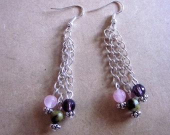 Pink Jade and Serpentine Dangle Earrings Chain Earrings