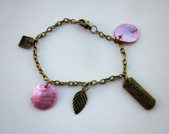 Pink and Bronze Toned Dream Charm Bracelet Brass Toned Charm Bracelet