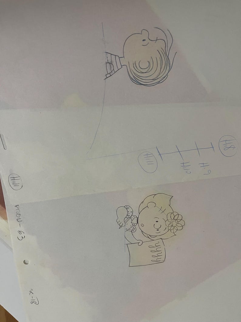 May include: Two black and white pencil drawings of Charlie Brown from the Peanuts comic strip. The top drawing shows Charlie Brown looking up and to the right. The bottom drawing shows Charlie Brown holding a sign that says "Happy Birthday".