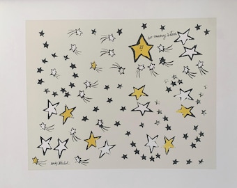 May include: A black and white print of a yellow star with the text "so many stars" and the number "25" inside the star. The print is surrounded by many black and white stars and yellow stars with white outlines. The artist's signature "Andy Warhol" is in the bottom left corner.