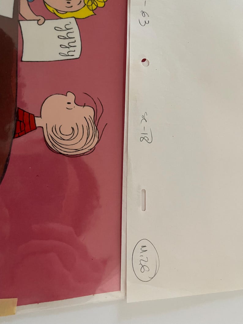 May include: A cartoon illustration of a Peanuts character, Charlie Brown, with a red and white striped shirt, looking to the right. The illustration is on a pink background. The text "hhhh" is written on a piece of paper held by a character in the background.