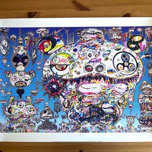Cartel de exposición original para la muestra de arte contemporáneo de Takashi Murakami Artista pop japonés Newpop Graffiti callejero urbano Sala de estar colorida