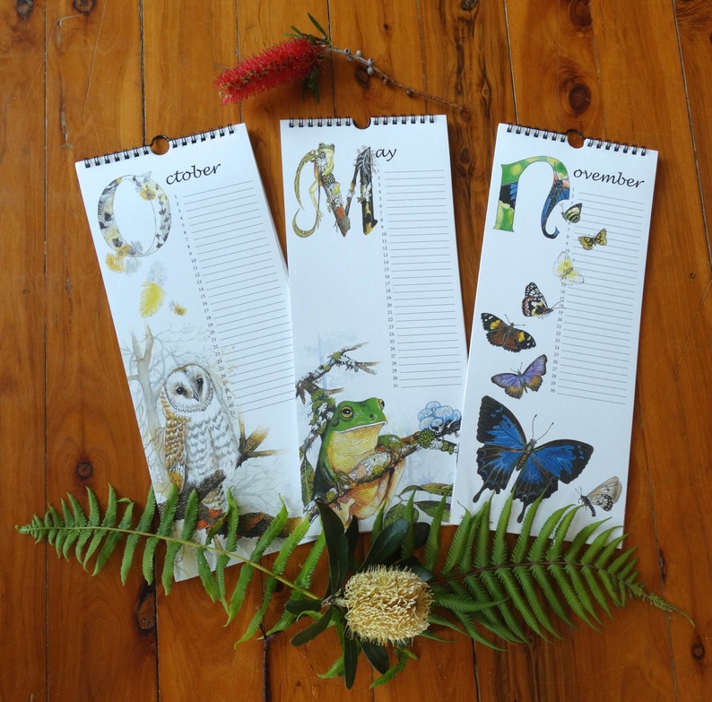 K&ouml;nnte beinhalten: Drei H&auml;ngekalender mit Illustrationen von Tieren und den Monaten Oktober, Mai und November. Jeder Kalender zeigt ein anderes Tier, darunter eine Eule, ein Frosch und ein Schmetterling.
