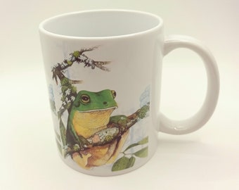 Beautiful Frog Mug, Australian Green Tree Frog, Litoria caerulea, Mossy branch, Jennifer Scott, Wildlife Artist,