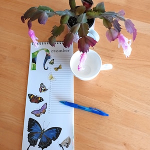 K&ouml;nnte beinhalten: Eine Kalenderseite f&uuml;r November mit einer blauen Schmetterlings-Illustration und einem blauen Stift auf einem Holztisch. Der Kalender hat einen wei&szlig;en Hintergrund mit schwarzen Zahlen und einem schwarzen Rand. Der Schmetterling befindet sich in der unteren rechten Ecke der Seite. Der Stift liegt auf der Seite und der Tisch ist aus Holz.