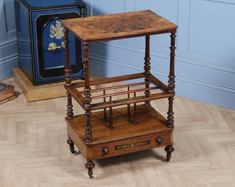 Antique Victorian Burr Walnut Ebony Inlaid Canterbury Whatnot Shelf With Drawer