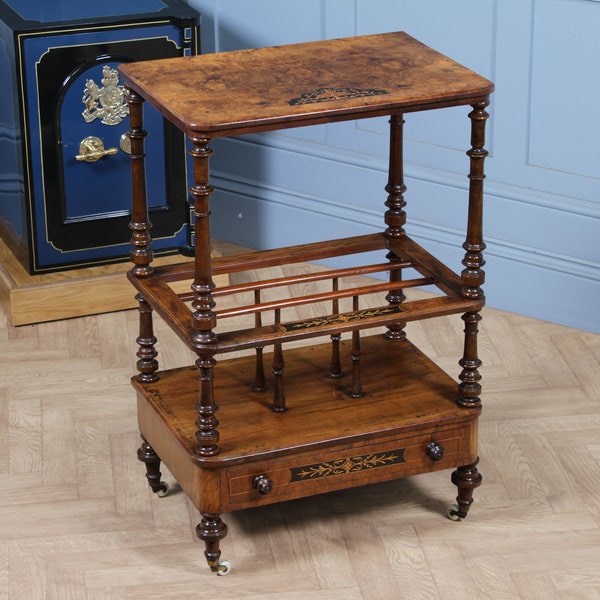 Antique Victorian Burr Walnut Ebony Inlaid Canterbury Whatnot Shelf With Drawer