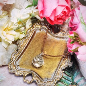 May include: A delicate necklace with a glass pendant containing a dried dandelion. The necklace is displayed on a gold-colored tray with a floral background.