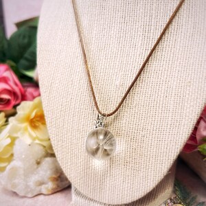 May include: A delicate necklace with a brown cord and a clear glass pendant containing a dried dandelion. The pendant is attached to the cord with a silver clasp.