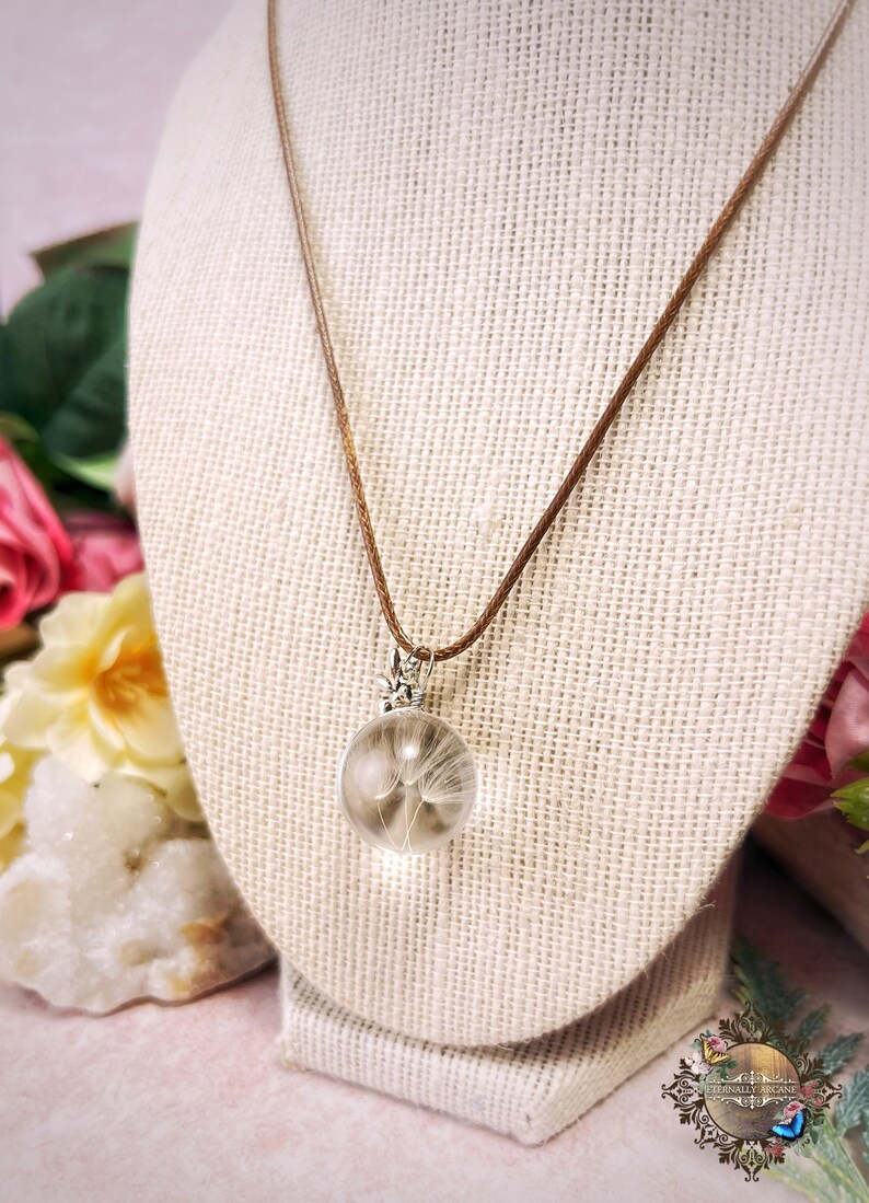 May include: A delicate necklace with a brown cord and a silver pendant featuring a dandelion seed head encased in a clear glass sphere.