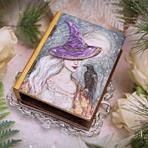 Winter Witch Hand Painted Trinket Book Box | Original Fine Art | Acrylics on Wood | Witch Jewelry Box | Witchy Jewelry | Wicca Gift Box