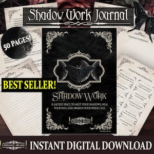 Könnte beinhalten: Ein schwarz-weißes Shadow Work Journal mit dem Text "Shadow Work Journal" und "50 PAGES!". Das Journal hat ein Schmetterlingsdesign und die Worte "BEST SELLER!" und "INSTANT DIGITAL DOWNLOAD". Es gibt auch Seiten mit Text.