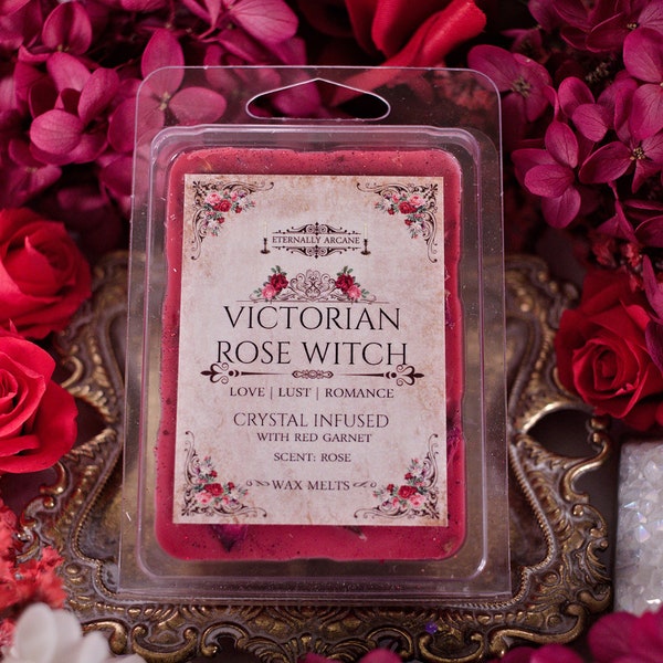 Victorian Rose Witch™ Crystal Infused Wax Melts Red Garnet | Rose Scented Soy Melts | Witchy Gifts | Herbal Melts | Spiritual Gifts