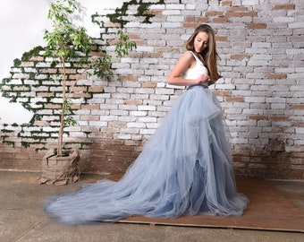 Ombre effect bridal skirt,Tulle wedding skirt,Bridal separates,Asymmetric tulle bridal skirt,Dusty blue bridal skirt - Sky