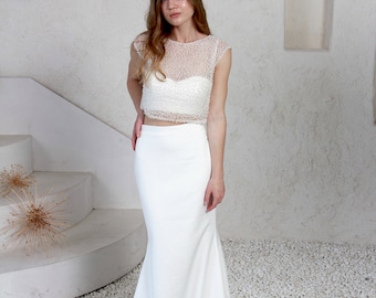 two pieces wedding dress, sequins bridal top, bridal separates, crepe skirt, simple wedding dress