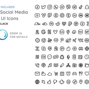 100 Essential Social Media & App Icons / iOS 14 App Icons / Minimalist Line / Black Color versions / Fully Editable image 3