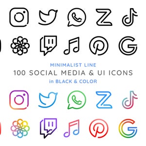 100 Essential Social Media & App Icons / iOS 14 App Icons / Minimalist Line / Black Color versions / Fully Editable image 2