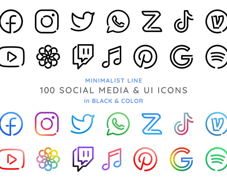 100 Essential Social Media & App Icons / iOS 14 App Icons / Minimalist Line / Black Color versions / Fully Editable image 2