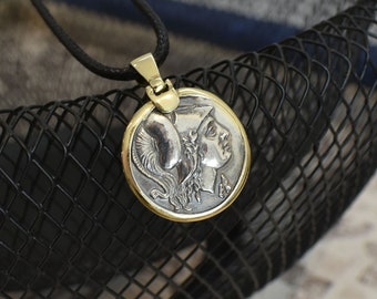 Goddess Athena Necklace,   Gods Pendant, Silver & Gold God   Coin, Athena Goddess, Olympus Mythology , Ancient Greece, Perfect Gift