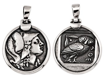 Goddess Athena of War Pendant, Silver Athena Helmet Pendant, Two Sided, Owl Wisdom Pendant, Ancient Greece Mythology Necklace Perfect Gift