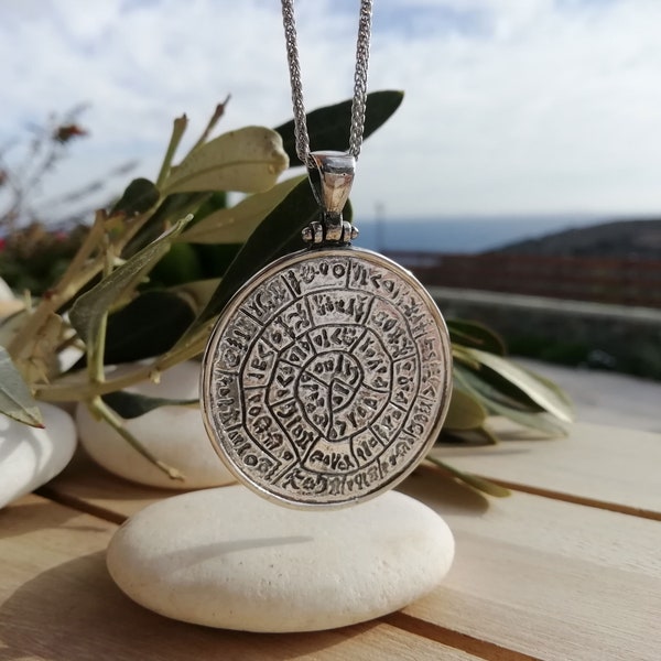 Pendentif grand disque de Phaistos | Collier en argent 925 Grèce | Bijoux d'écriture | Collier Phaistos | Pendentif disque Festos | Cadeau parfait