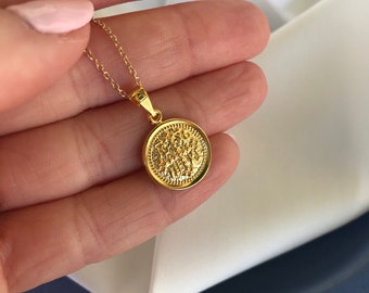 Christian Necklace, Constantine Pendant, Solid Gold 9k Coin, Baby girl Boy Pendant, Greece Orthodox Coin, Solid Coin, Protection Greece Gift