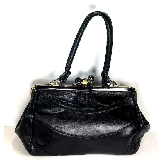 Margolm Vintage Black Faux Leather Kisslock Handb… - image 1