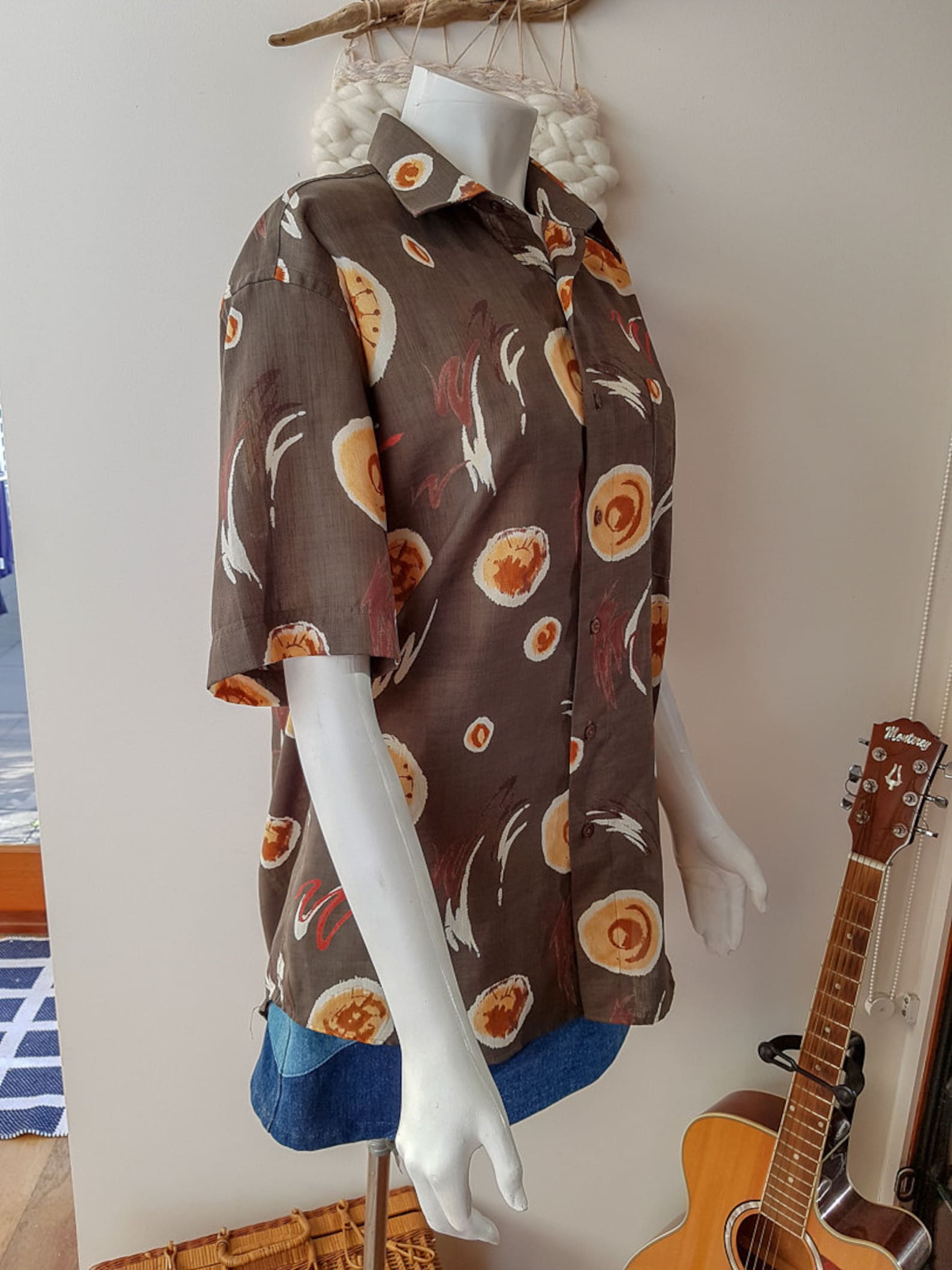 Mens Medium Vintage Khaki Golf Party Shirt in Abstract Print Etsy
