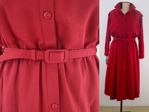 Vintage Red Trench Coat Dress with Pockets ||