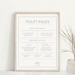 Puede incluir: Un cartel enmarcado con el texto "TOILET RULES" en un diseño minimalista. Las reglas están listadas en texto negro sobre un fondo crema, incluyendo "Wash Your Hands" y "Remember to Flush."