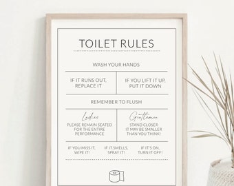 Toilet Rules Sign, Loo Decor, WC poster, Bathroom Wall Art