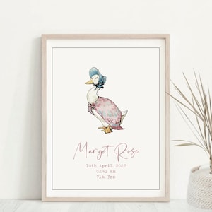 Impression personnalisée Jemima Puddle Duck pour bébé fille, décoration de chambre d'enfant, faire-part de naissance