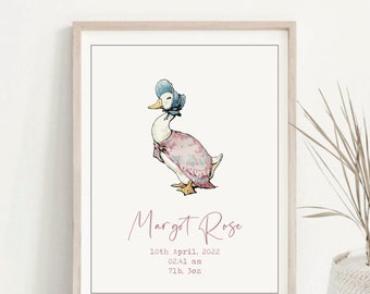Personalised Jemima Puddle Duck Baby Girl Print, Nursery Decor, New Baby Announcement