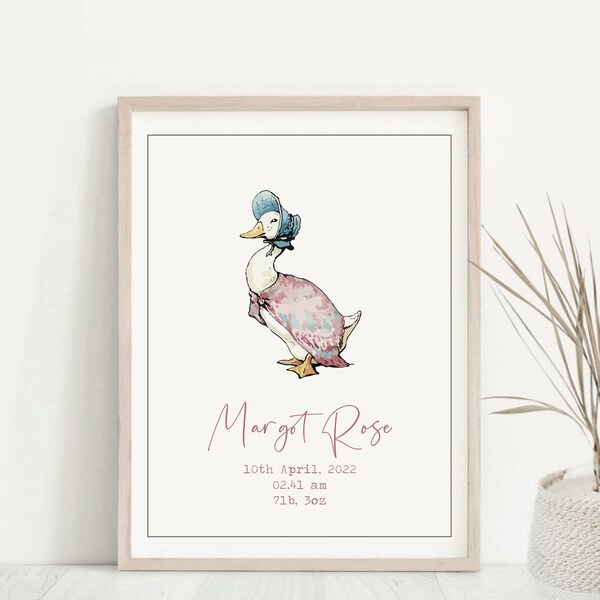 Personalised Jemima Puddle Duck Baby Girl Print, Nursery Decor, New Baby Announcement