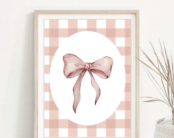 Gingham Pink Ribbon Bow Print, Girls Room Decor