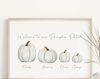 Family White Pumpkin Patch Print, Neutral Halloween Autumn Decor, Personalised Family Fall Poster