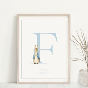 Stampa iniziale per la cameretta dei bambini, Peter Rabbit, decorazione personalizzata per neonato