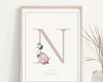 Initial Nursery Print, Jemima Puddleduck, Personalised Baby Girl Decor