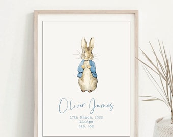 Personalised Baby Boy Nursery Print, Peter Rabbit style poster, birth announcement