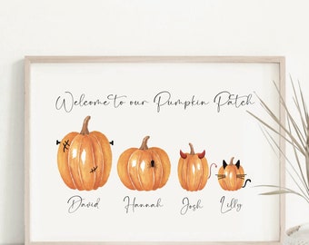 Family Pumpkin Patch Print, Halloween Autumn Decor, Personalised Fall Poster