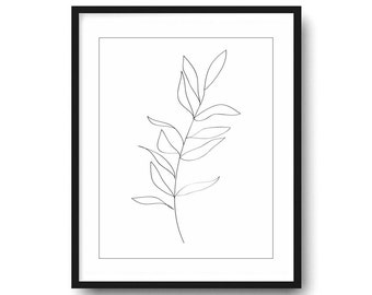 Botanical Line Drawing, Minimalist Black and White Leaf Print