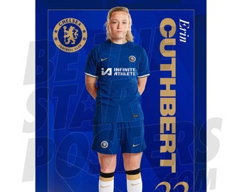 May include: A woman wearing a blue soccer jersey with the Chelsea Football Club logo and the text "Infinite Athlete". She is standing on a blue background with the text "Erin Cuthbert 22" in gold.