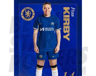 May include: A female soccer player wearing a blue Chelsea Football Club jersey with the number 14 on the back. The jersey has the words "Infinite Athlete" on the front. The player is standing on a blue background with the words "Fran Kirby" in gold letters.