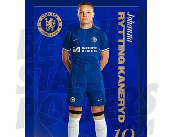 May include: A female soccer player wearing a blue and white Chelsea soccer uniform with the team logo and the text "Chelsea Football Club" on the chest. The player is wearing white socks and pink soccer cleats. The background is blue with gold accents and the text "Johanna Rytting Kaneryd 19" in gold.