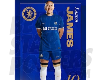 May include: A woman wearing a blue soccer jersey with the Chelsea Football Club logo and the text "Infinite Athlete" on the front. She is wearing white socks and pink soccer cleats. The text "Lauren James" and the number "10" are in gold on a blue background.