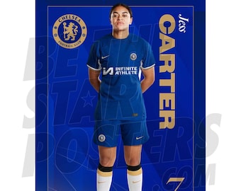 May include: Jess Carter, a soccer player for Chelsea Football Club, wearing the team's blue jersey with gold accents and the words "Infinite Athlete" on the front. She is standing on a blue background with the team's logo and the words "Jess Carter" in gold.