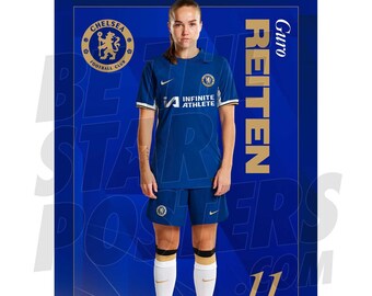 May include: A woman wearing a blue soccer jersey with the Chelsea Football Club logo and the text "Infinite Athlete". She is wearing white socks and orange soccer cleats. The text "Guro Reiten 11" is in gold on a blue background.