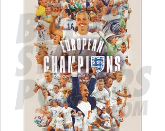 May include: A collage of photos of a women's soccer team celebrating their victory. The team is wearing white jerseys with the words "EUROPEAN CHAMPIONS" printed in bold letters. The team is holding up the trophy and celebrating with each other. The image is set against a background of a stadium with fans cheering.