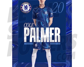 May include: A young man wearing a blue and white soccer jersey with the Chelsea Football Club logo. He is standing on a blue background with the text "COLE PALMER" and "20" printed on it.